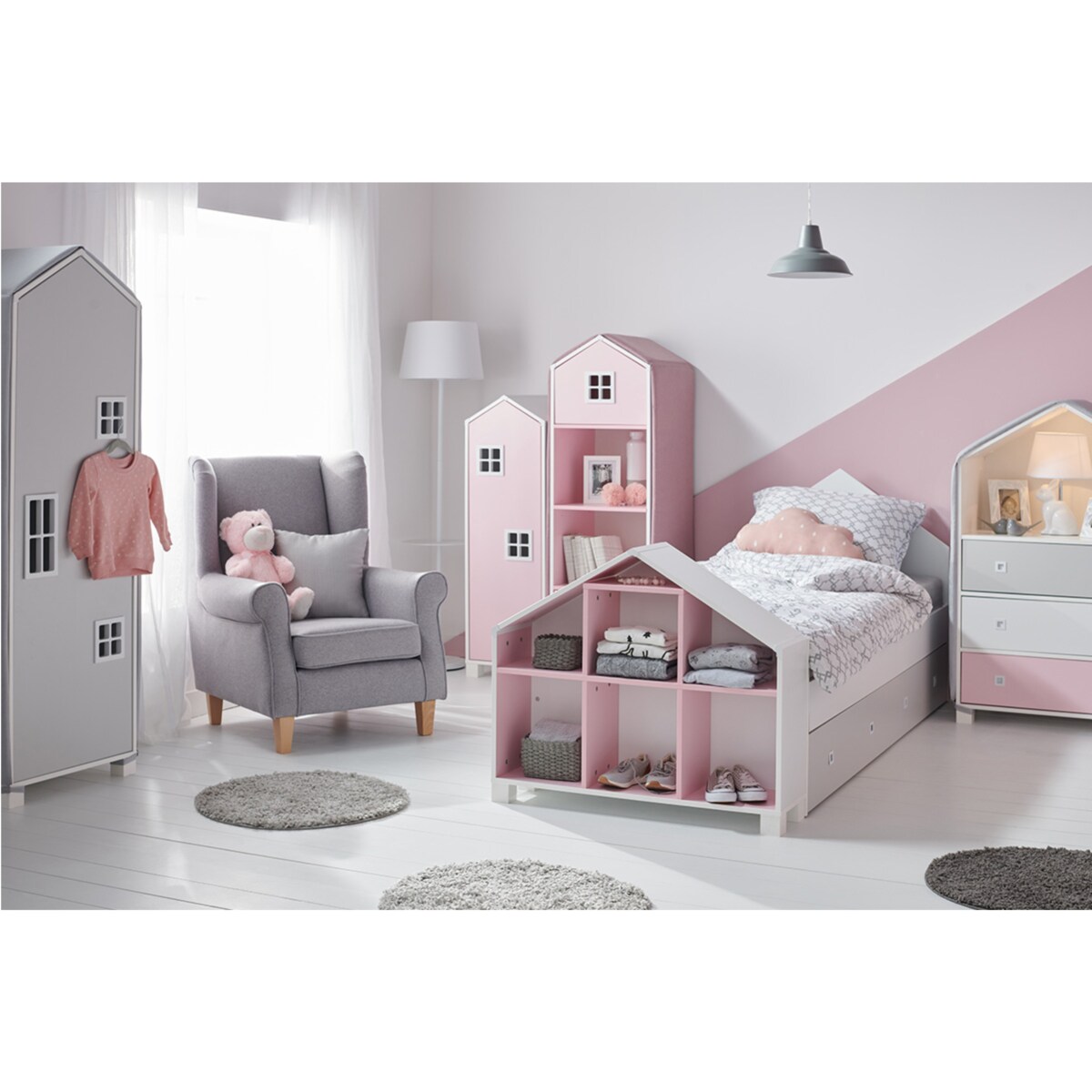 KONSIMO MIRUM Różowy regał z szufladą w kształcie domku dla dziewczynki