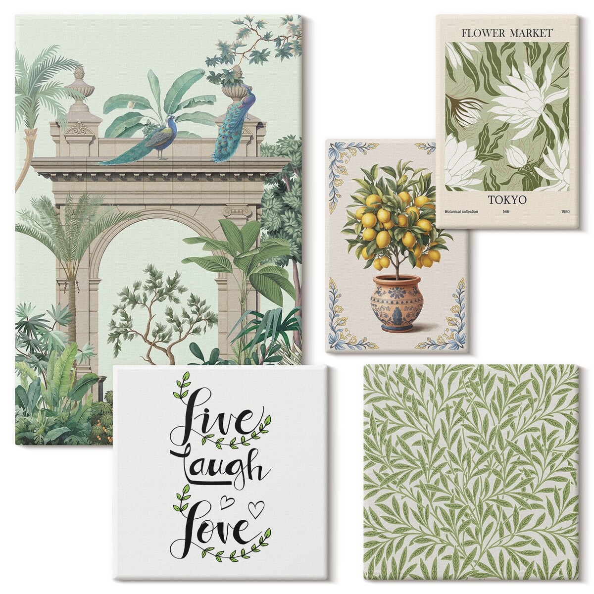 Zestaw 5 obrazów na płótnie - Roślinne motywy boho akcenty - zielony