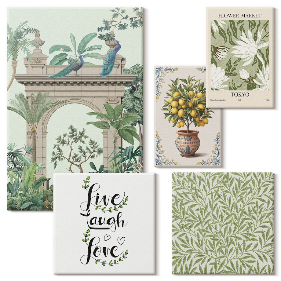 Zestaw 5 obrazów na płótnie - Roślinne motywy boho akcenty - zielony