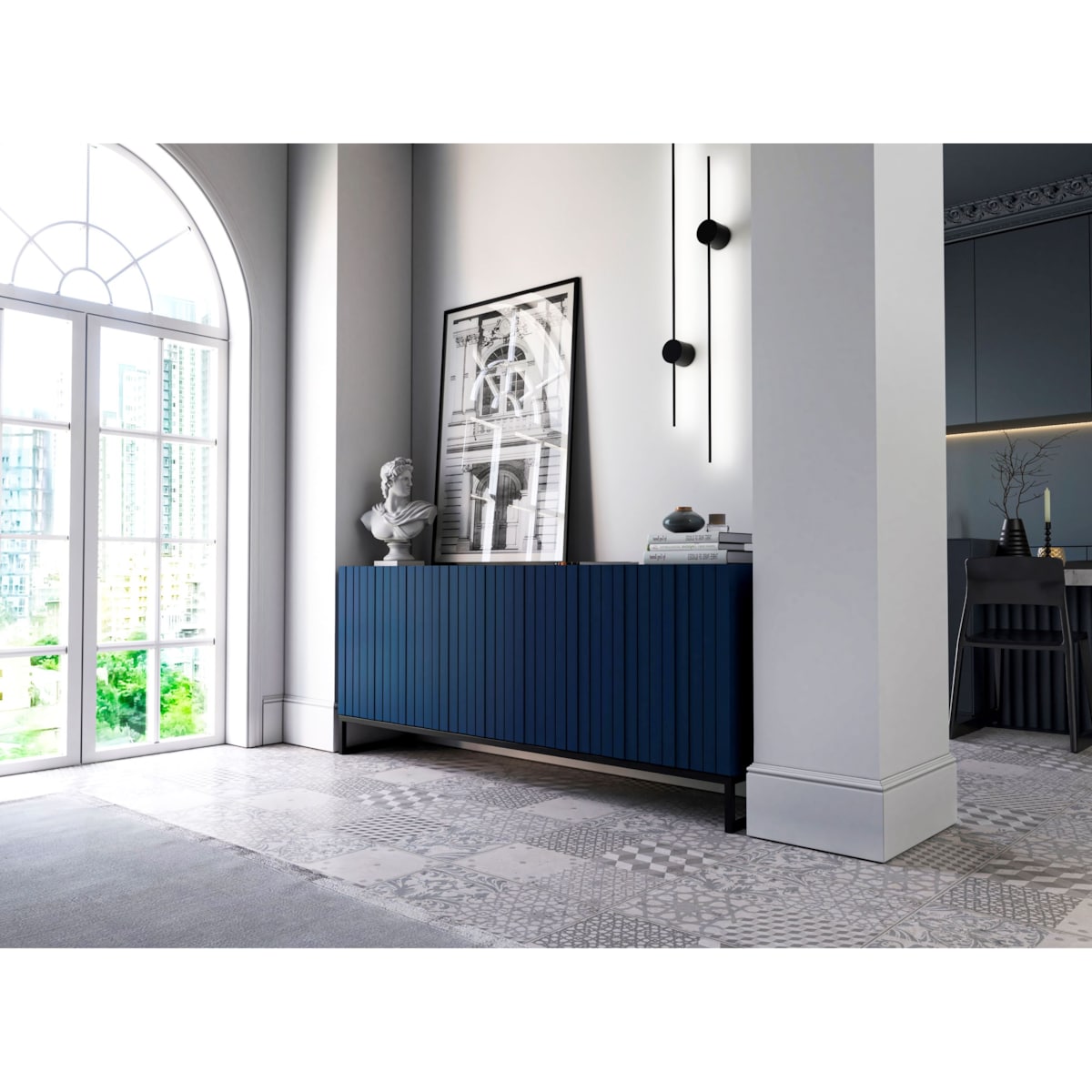 Komoda RTV Glamour Szafka RTV Loft Granatowy MAT 168 cm Czarna Rama Metalowa