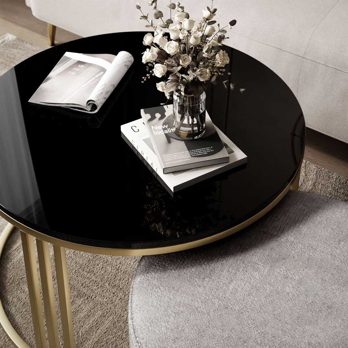 Stolik kawowy z pufą LORI POŁYSK złoto szczotkowane, czarny / Perfect Harmony 82