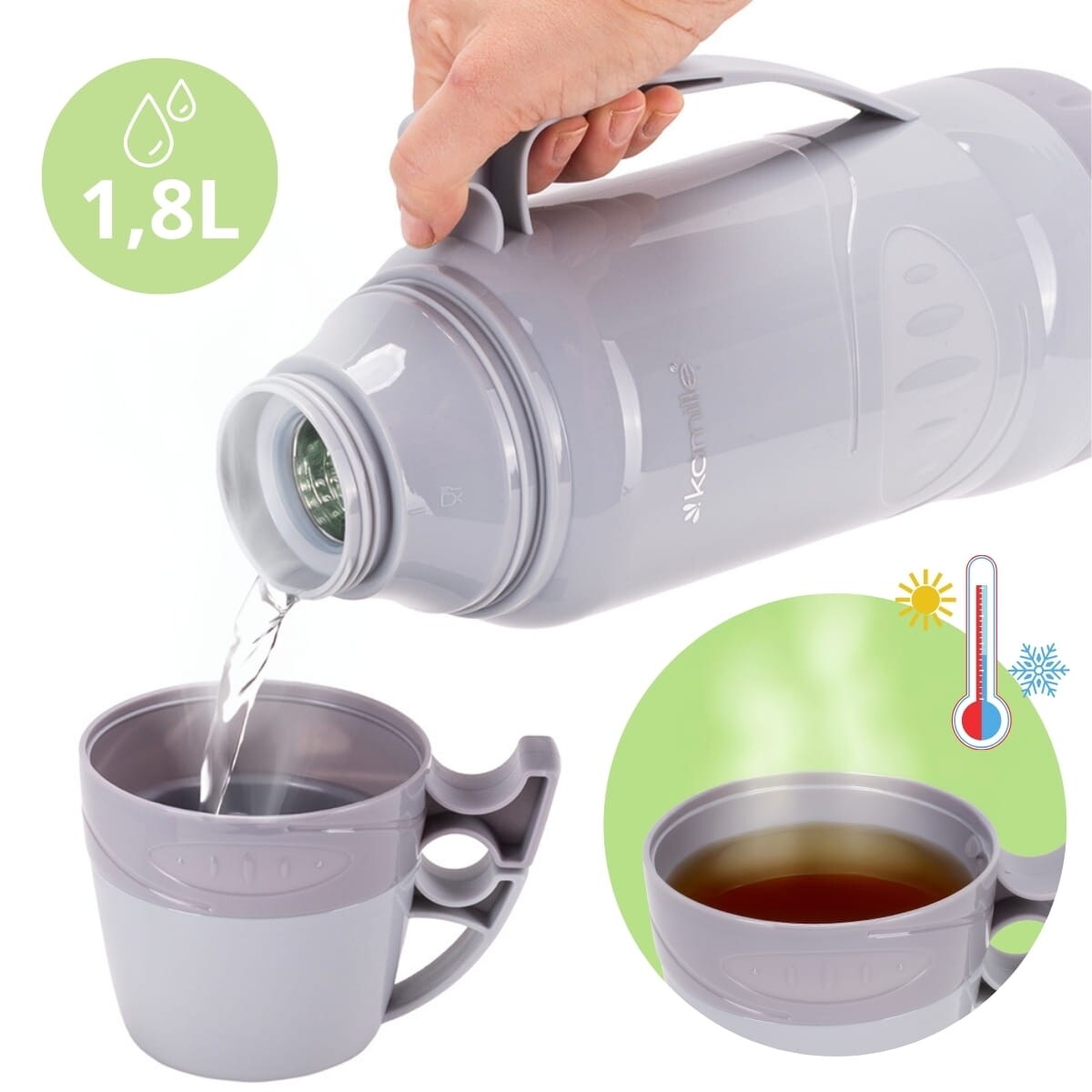 Termos ze szklanym wkładem uchwytem i kubeczkami 1.8L KAMILLE