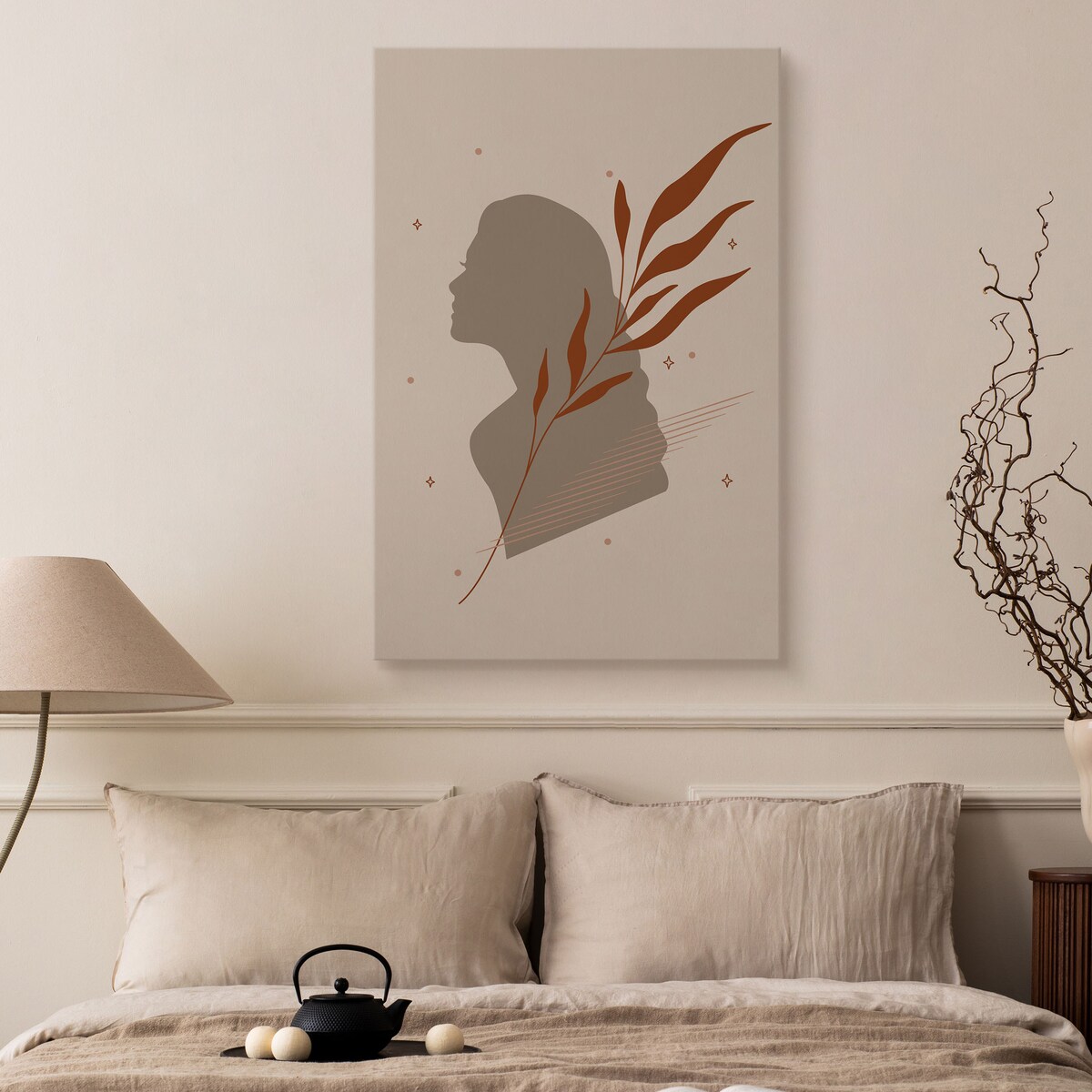 OBRAZ PORTRET KOBIETA MINIMLIZM STYL BOHO LIŚCIE NATURA 80x120cm