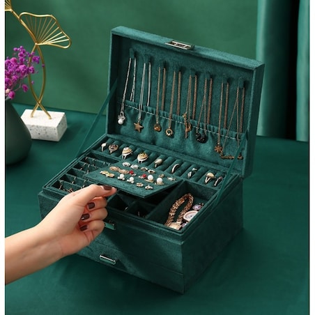 Szkatułka na biżuterię kuferek etui organizer butelkowa zieleń PD119
