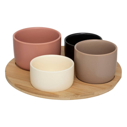 Miseczki na przekąski na drewnianej tacce WAVY BLISS,