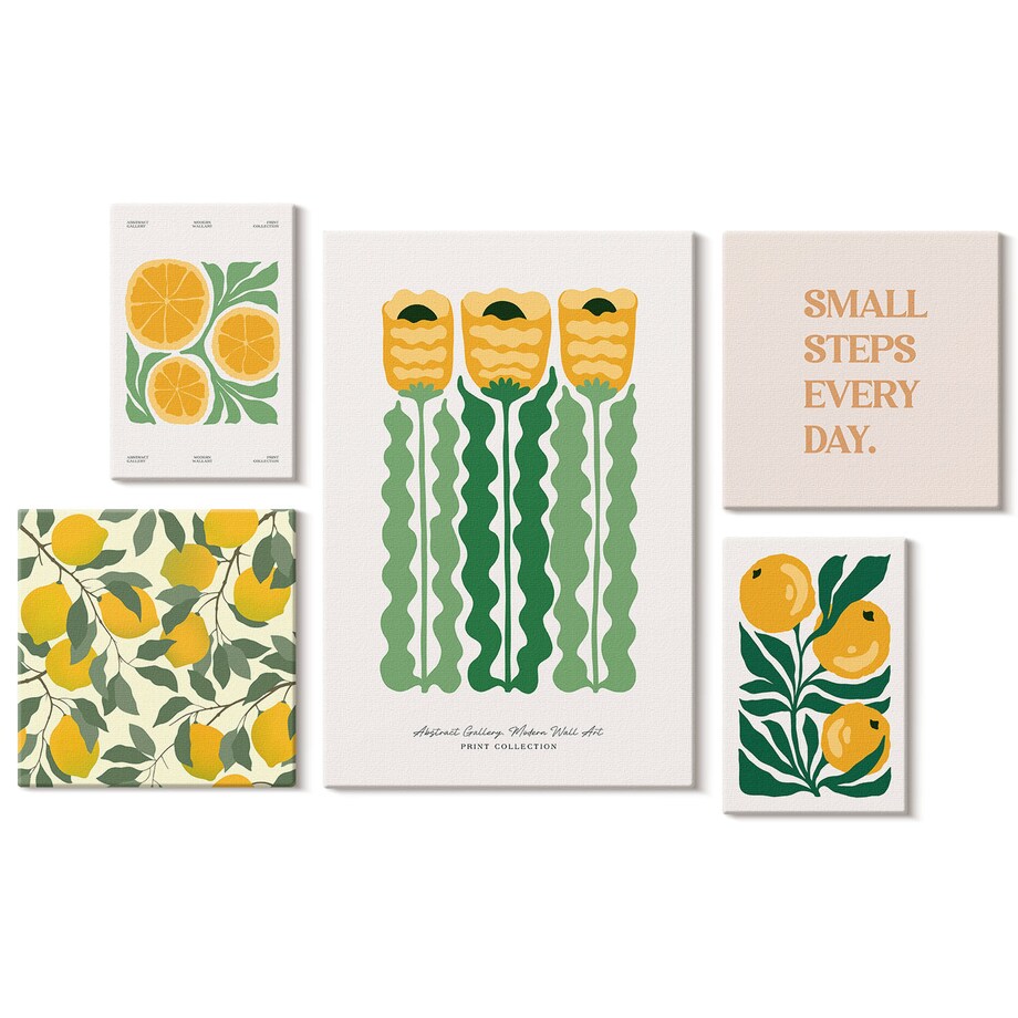 Zestaw 5 obrazów na płótnie - Kwiaty cytrusy pozytywne hasła - żółty