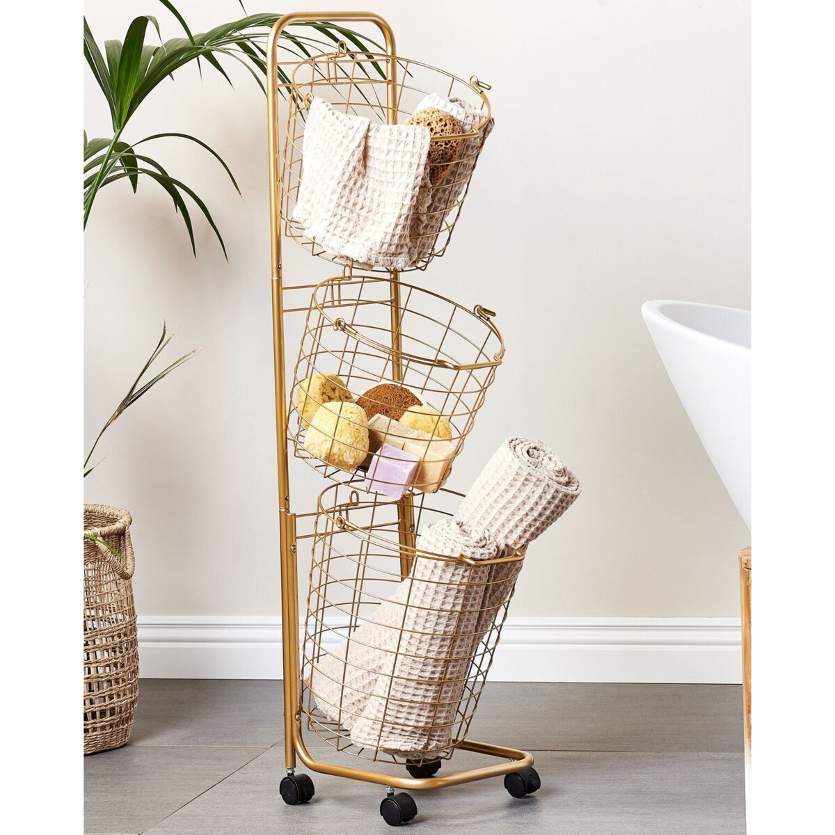 Stojak z 3 koszami na kółkach metalowy złoty AYAPAL