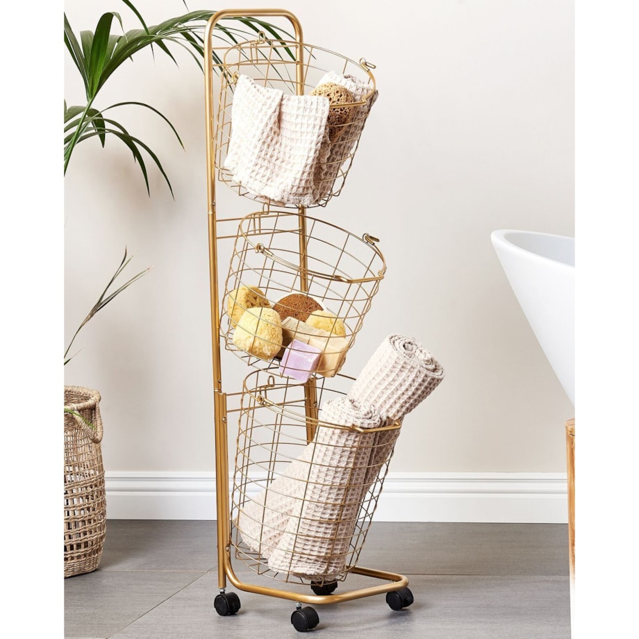 Stojak z 3 koszami na kółkach metalowy złoty AYAPAL