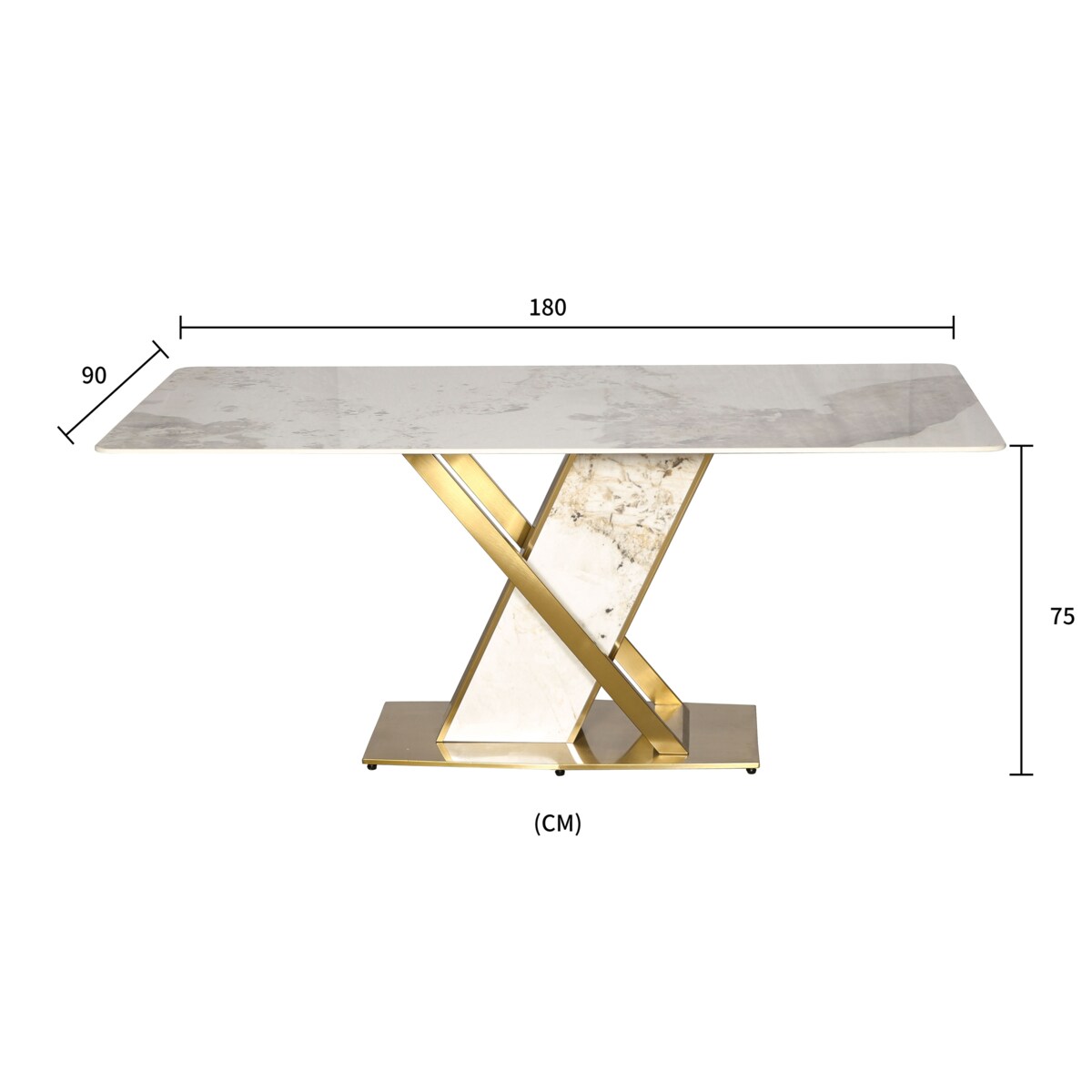 Stół złoty prostokątny Glamour Nowojorski Florencja z kamiennym blatem o wzorze marmuru 180x90x75