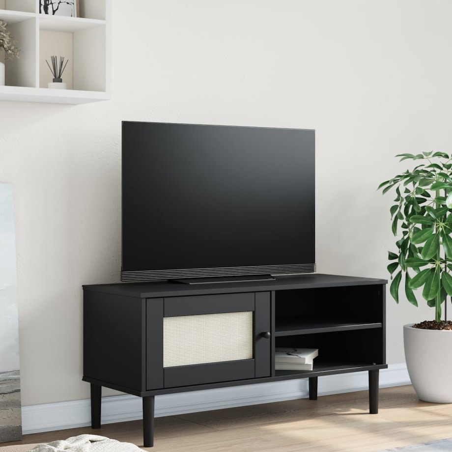 vidaXL Szafka TV SENJA, z plecionką, czarna, 106x40x49 cm, sosnowa