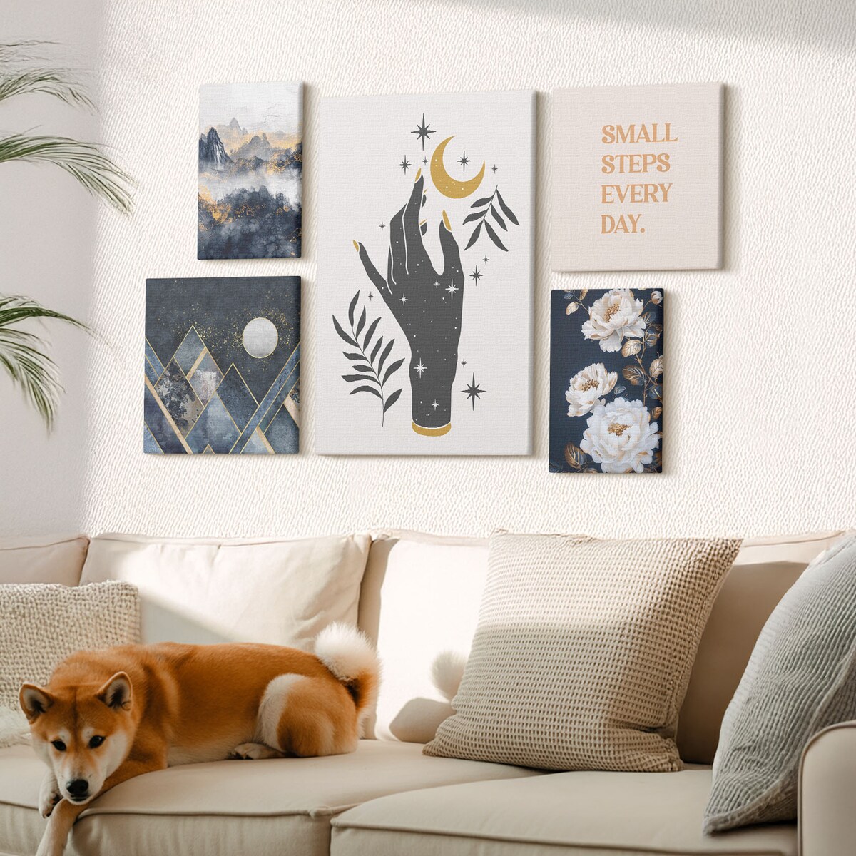 Zestaw 5 obrazów na płótnie - Styl boho z naturą i przesłaniami - granatowy