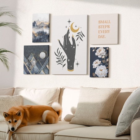 Zestaw 5 obrazów na płótnie - Styl boho z naturą i przesłaniami - granatowy