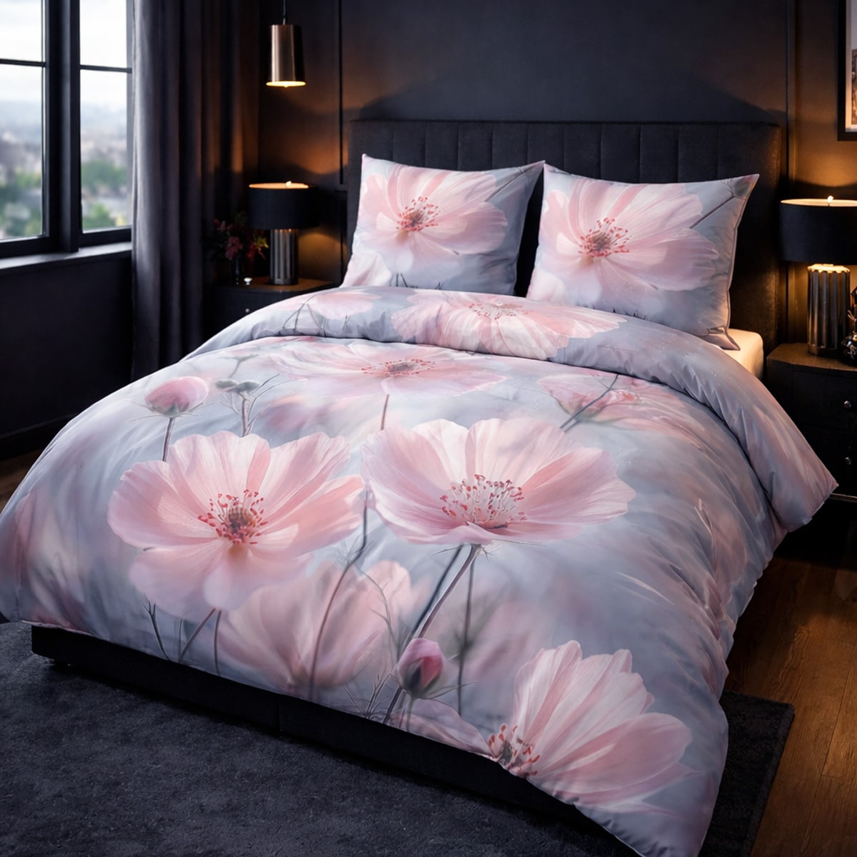 Pościel satyna bawełniana 180x200 Rosabella pastelowe różowe kwiaty, Satynlove Premium