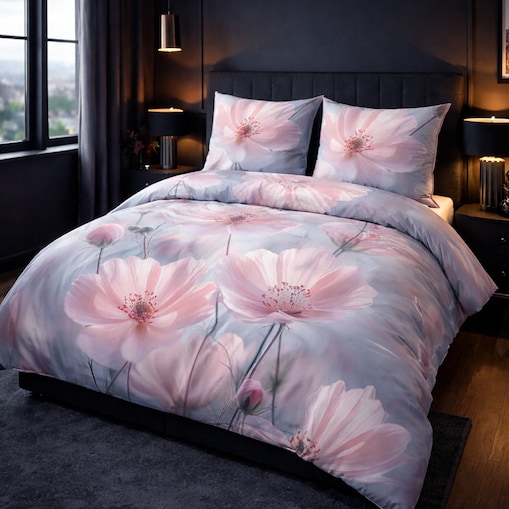 Pościel satyna bawełniana 180x200 Rosabella pastelowe różowe kwiaty, Satynlove Premium