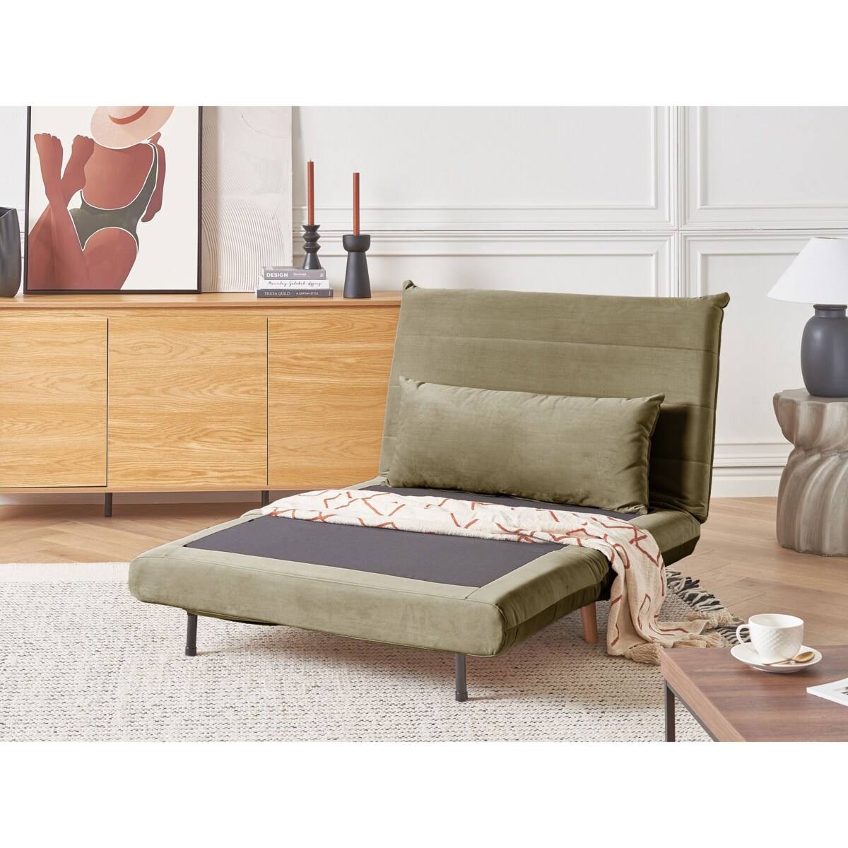 Sofa rozkładana welurowa jednoosobowa zielona oliwkowa SETTEN