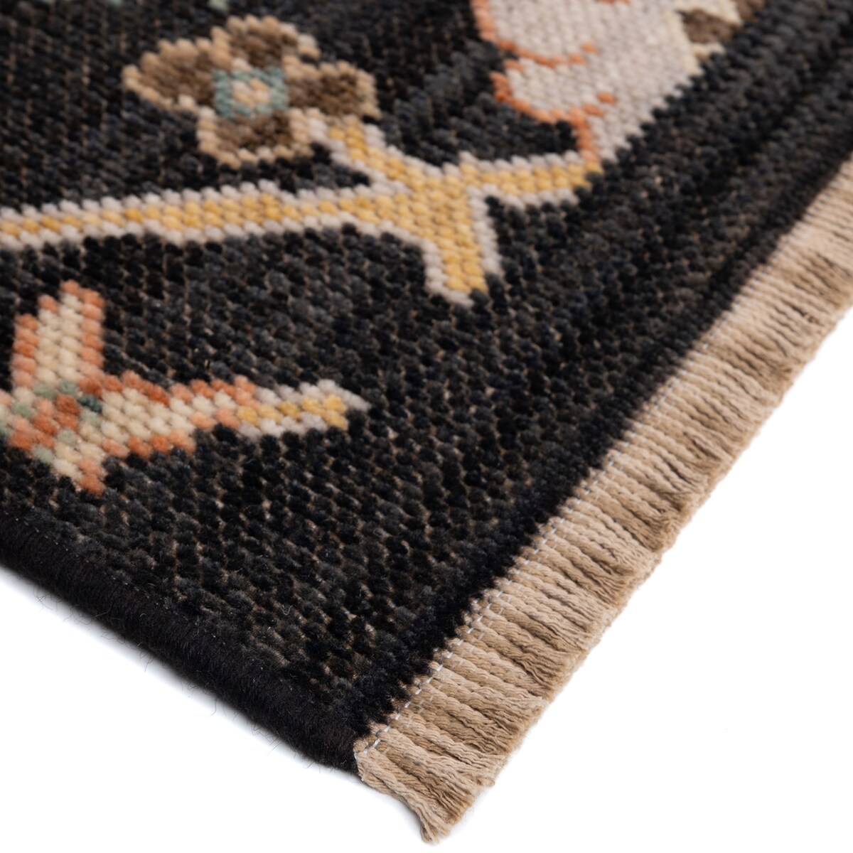 Dywan Wełniany Royal Wool 60x100 cm z frędzlami kwiaty czarny