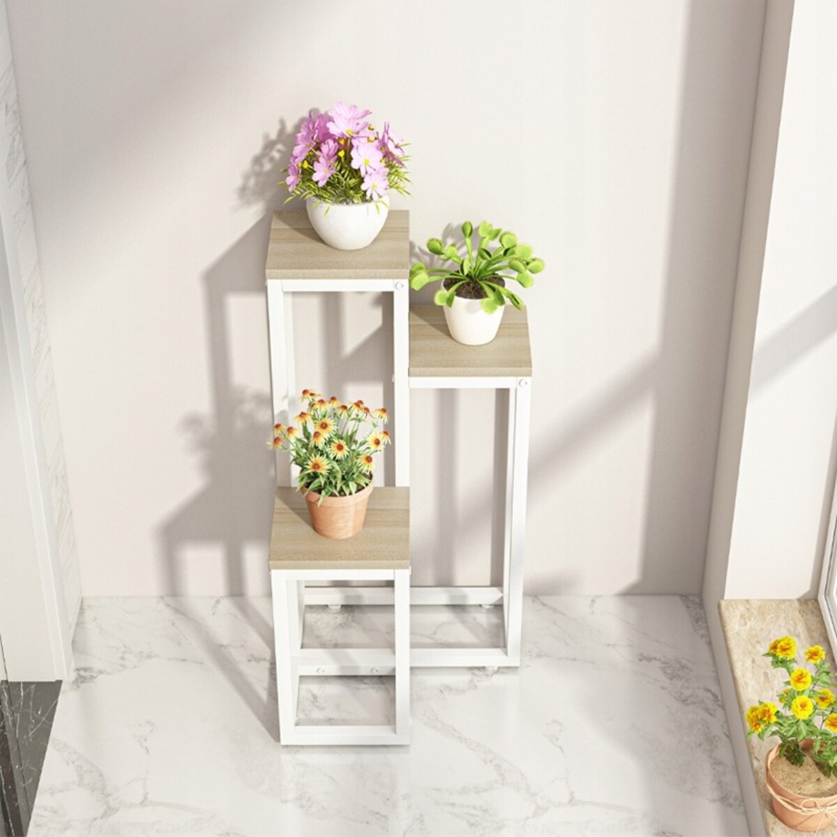 Kwietnik stojący stojak na kwiaty doniczki metalowy półki wysoki biały loft