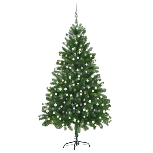vidaXL Sztuczna choinka z lampkami i bombkami, 210 cm, zielona