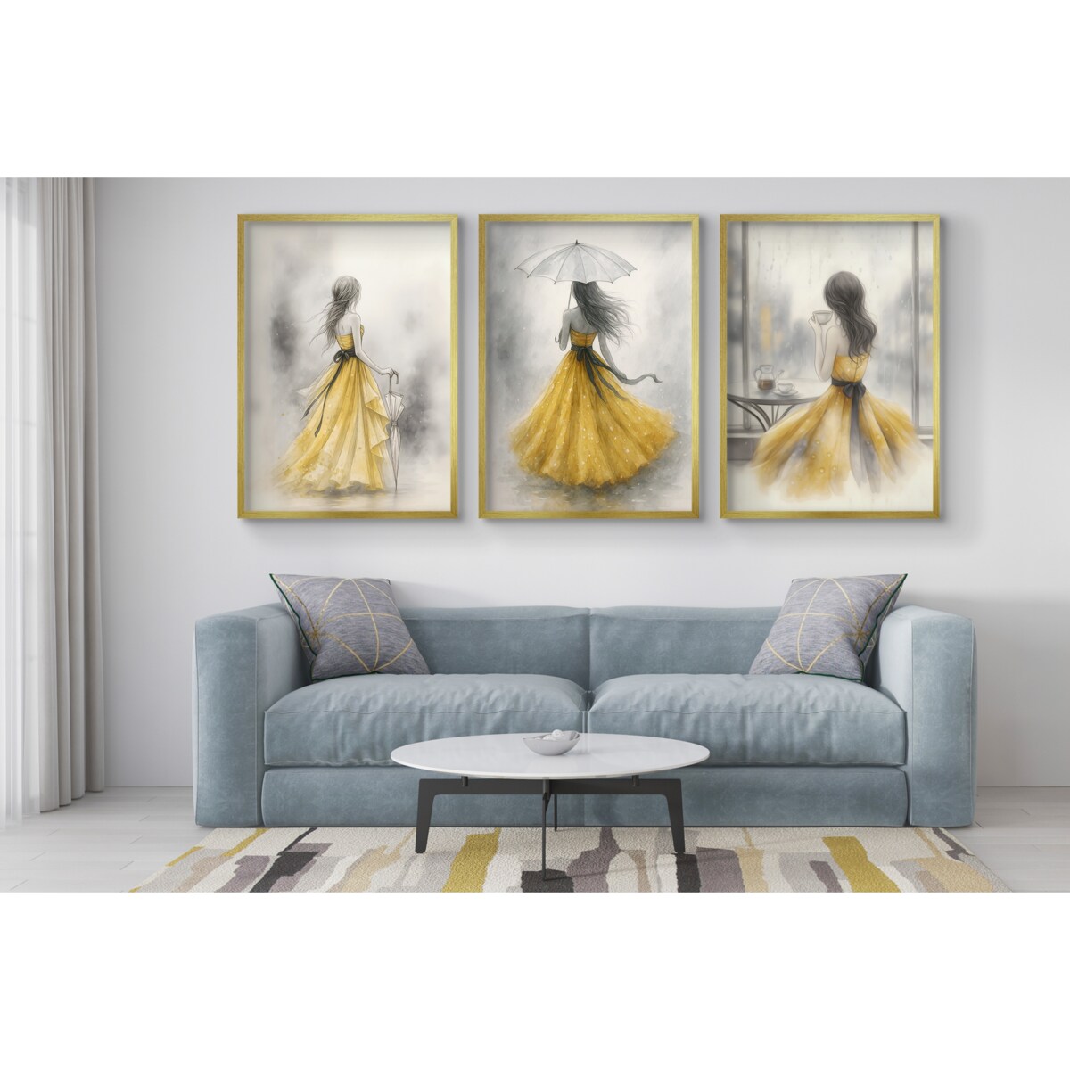 Plakaty na ścianę Złote ramki Akwarela Tryptyk Kobieta Obrazy do salonu