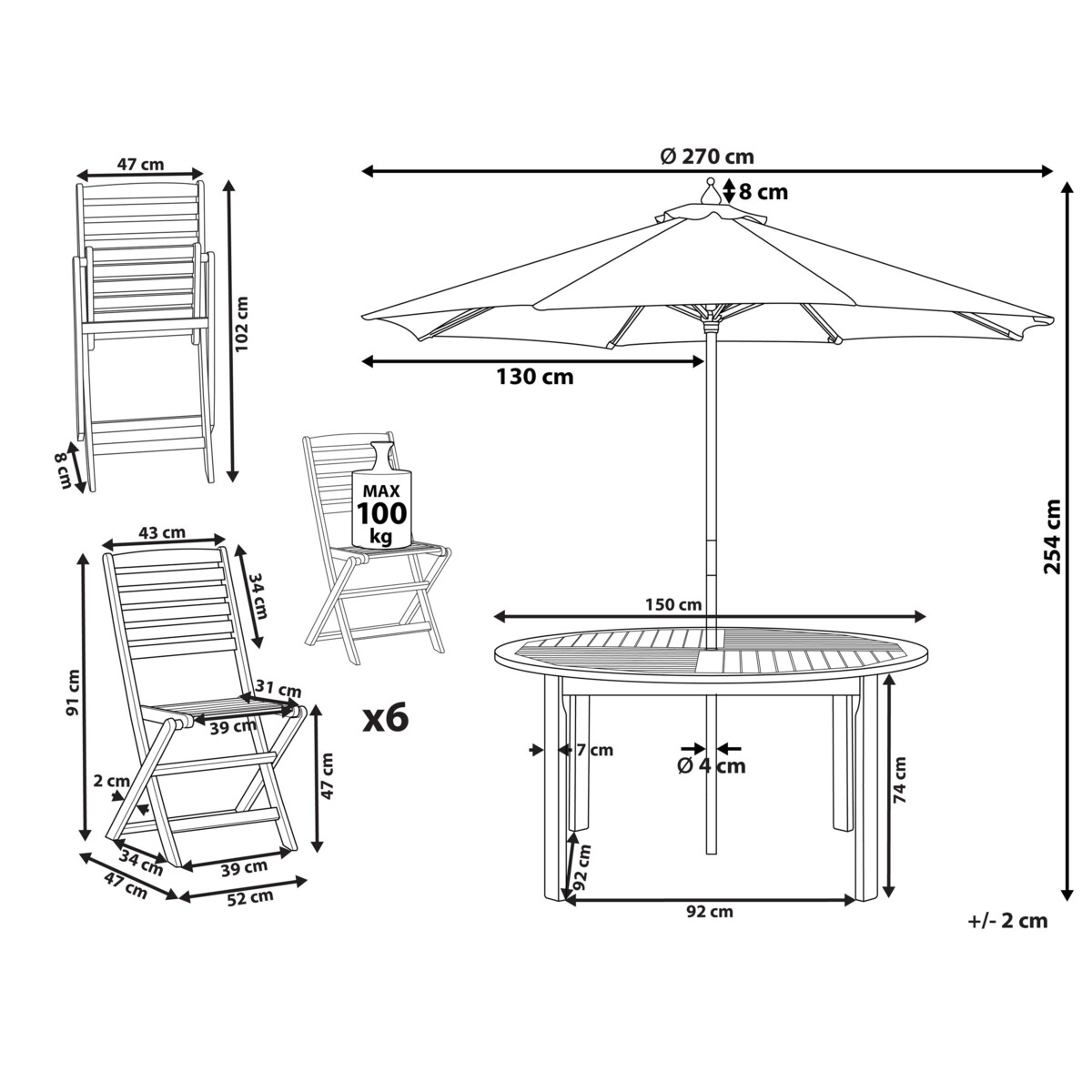 Zestaw ogrodowy dla 6 osób TOLVE z parasolem (12 opcji do wyboru) Drewno akacjowe Brązowy