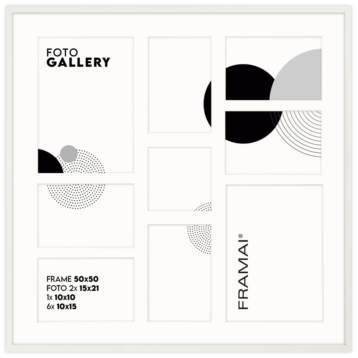 Ramka na zdjęcia 1x 10x10 6x 10x15 2x 15x21 biała galeria na 9 zdjęć multirama 50x50 FRAMAI