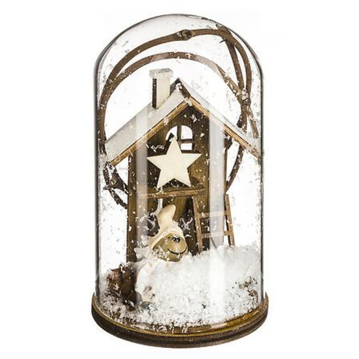 Dekoracja Z RENIFEREM POD SZKLANYM KLOSZEM z domkiem