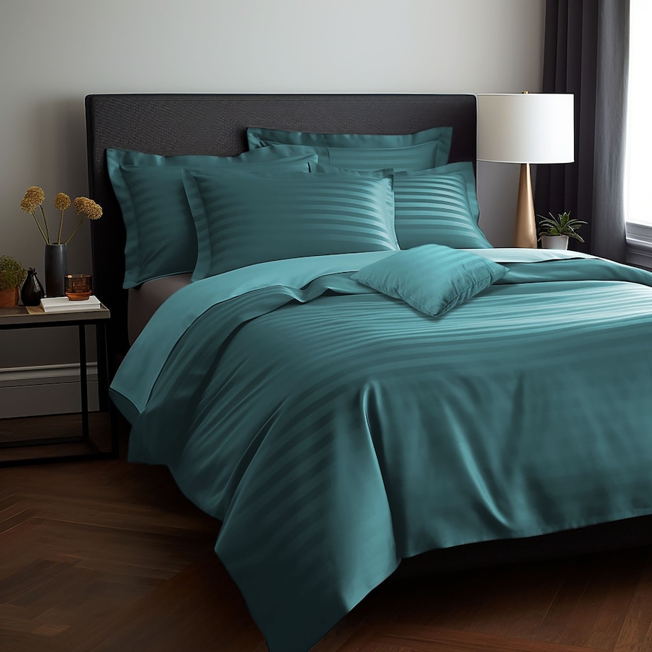 Pościel bambusowa satyna bawełniana 180x200 Bamboo paski, turkusowa