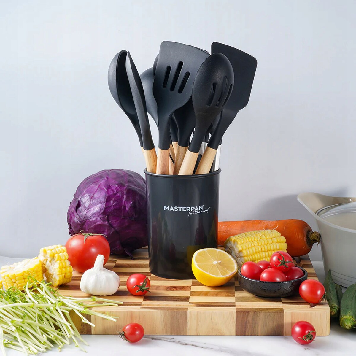 Zestaw Przyborów Kuchennych 12 El. Komplet Łyżka Trzepaczka Szczypce Stojak BPA Free