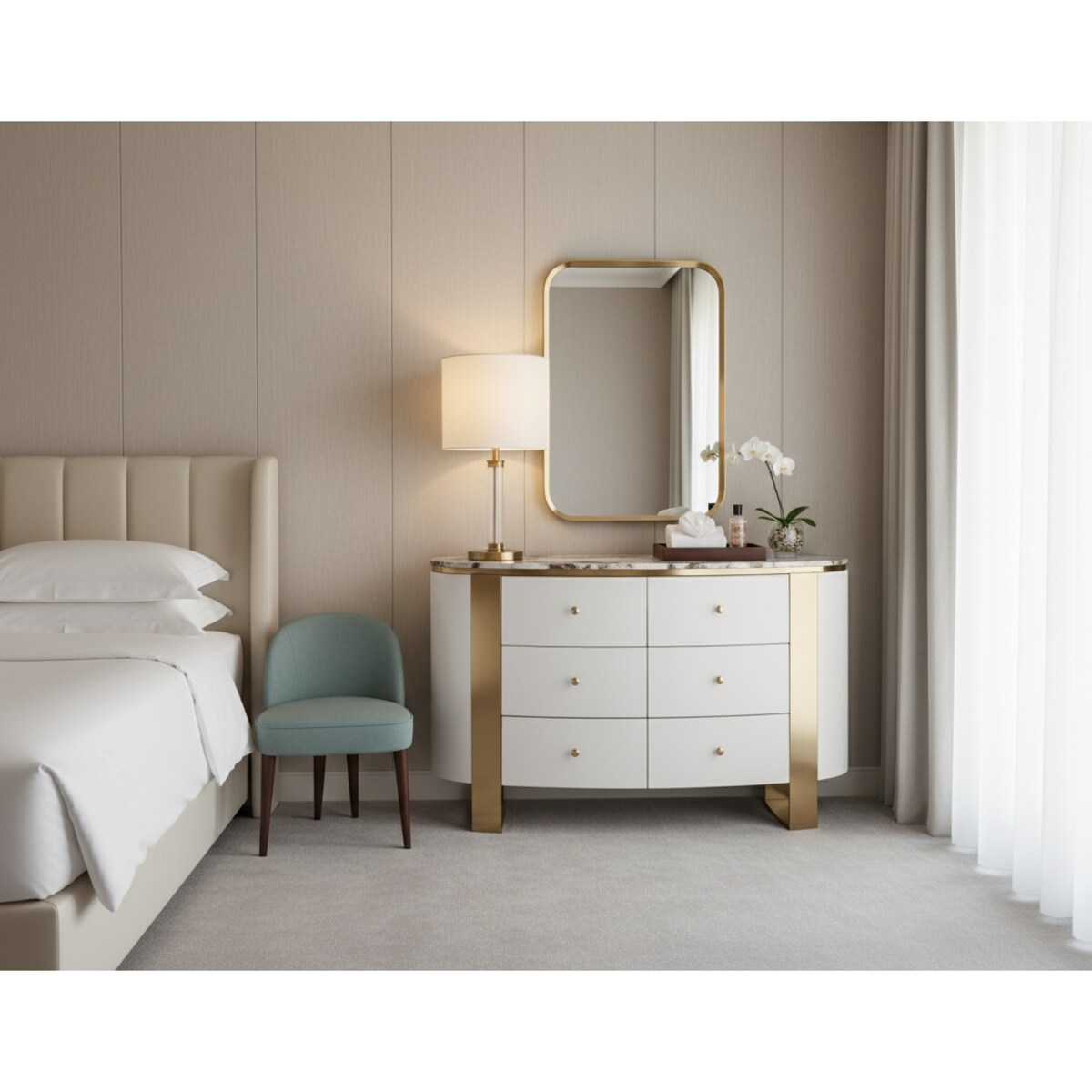 Komoda biała Sofia na złotych nogach z kamiennym blatem 140x40x85