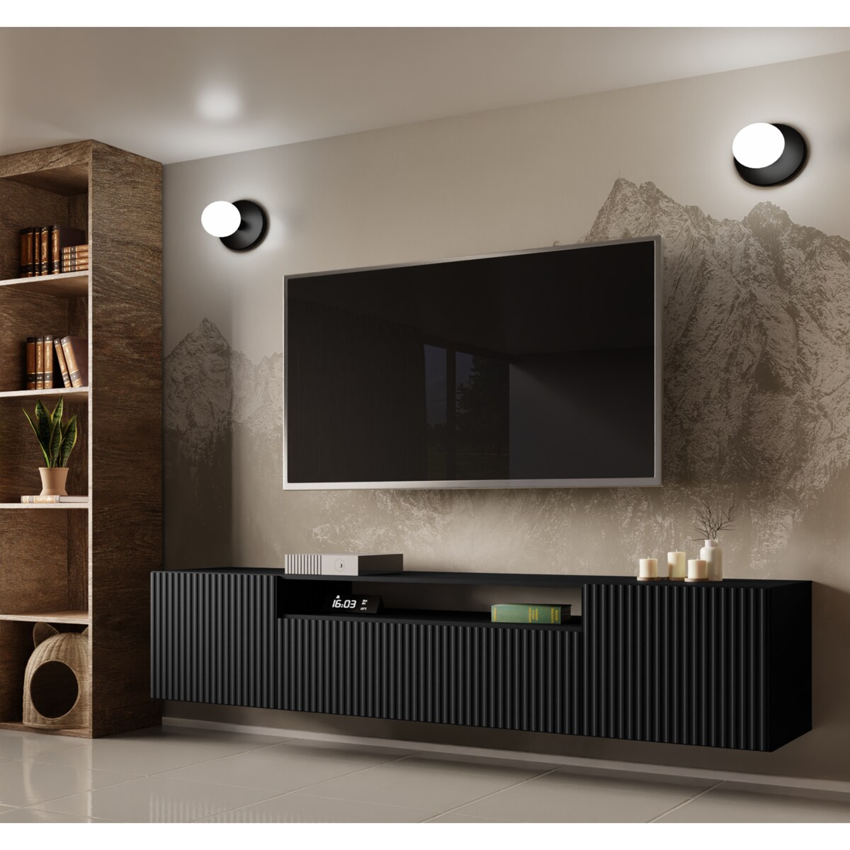 Szafka RTV NOELI, wisząca z ryflowanymi frontami pod telewizor- czarna