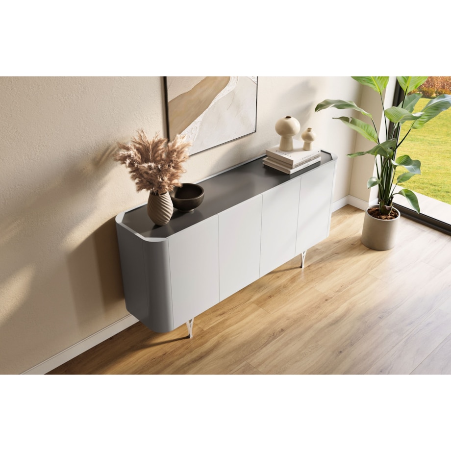 Nowoczesna szara komoda Dancan MONZA ze srebrnymi nóżkami / szer. 160 cm