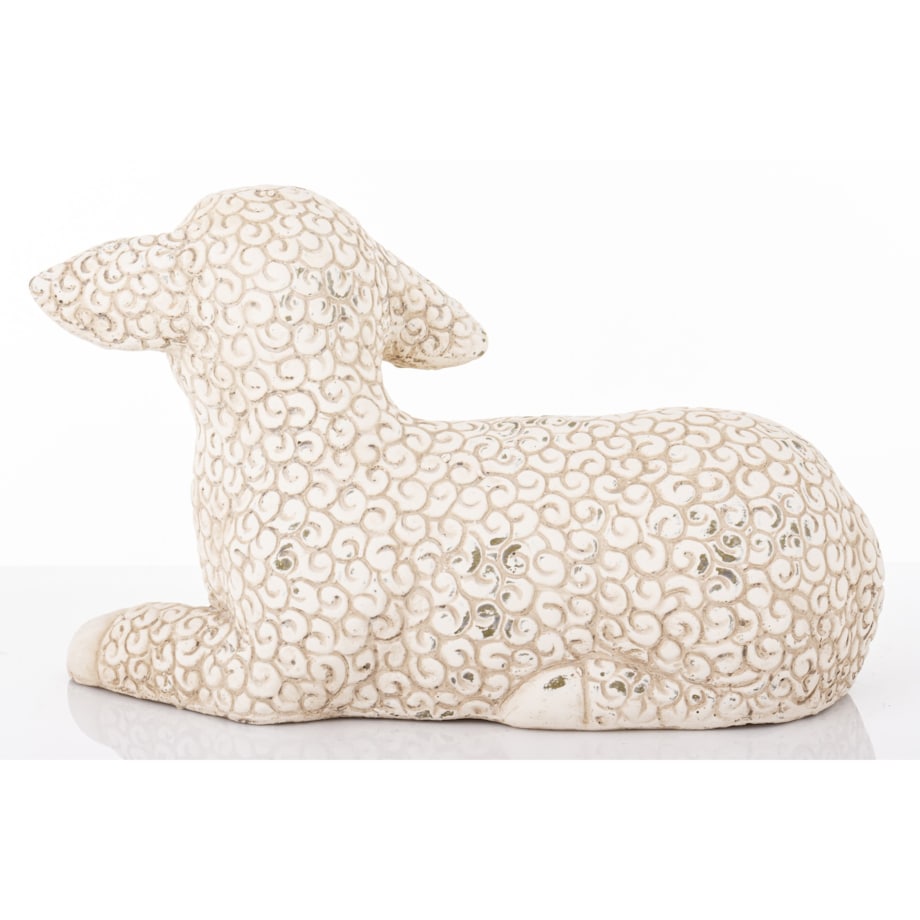 Dekoracja - figurka cementowa OWIECZKA 20x33x13 cm leżąca, z wyciągniętą lewą nóżką