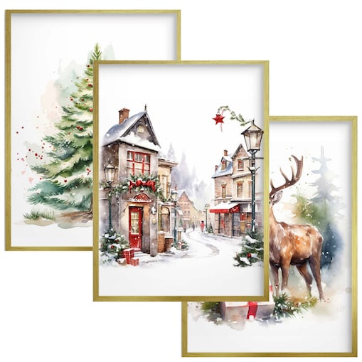 Plakaty na Święta w Złotej ramie do salonu sypialni Obrazy Świąteczne Zima