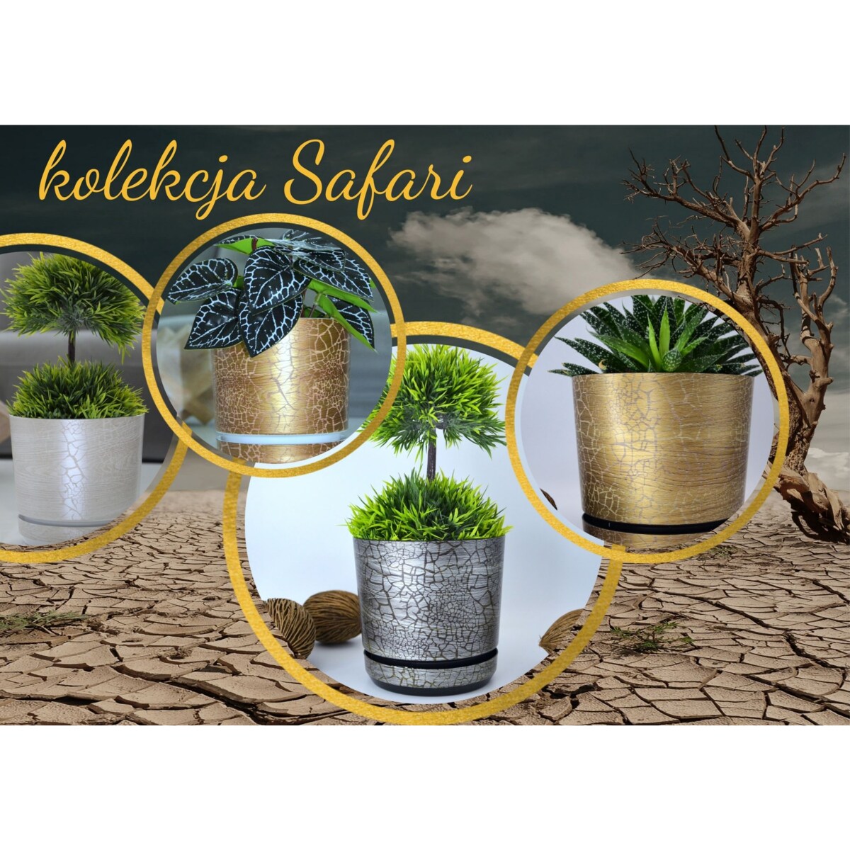 21 cm wzór SAFARI EGZOTYK Doniczka z podstawką efekt naturalny drewna złotej deski drzewa afrykańskiego drewnopodobna