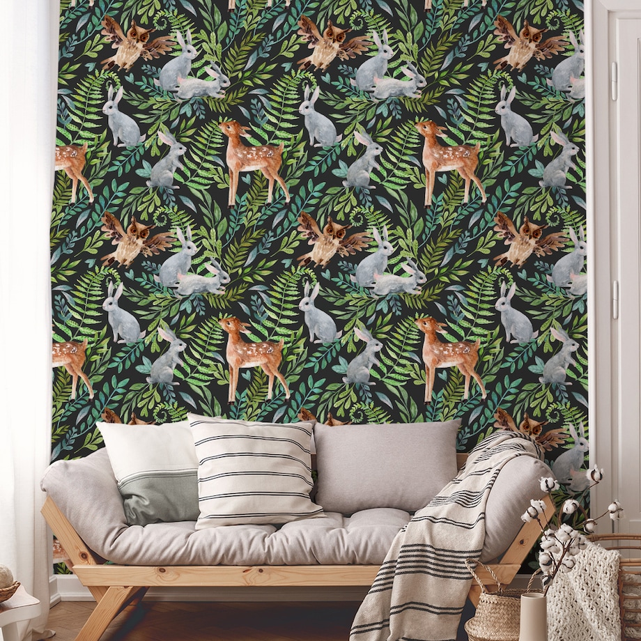 Tapeta Dla Dzieci Leśne Zwierzęta Zajączki Sarny Liście