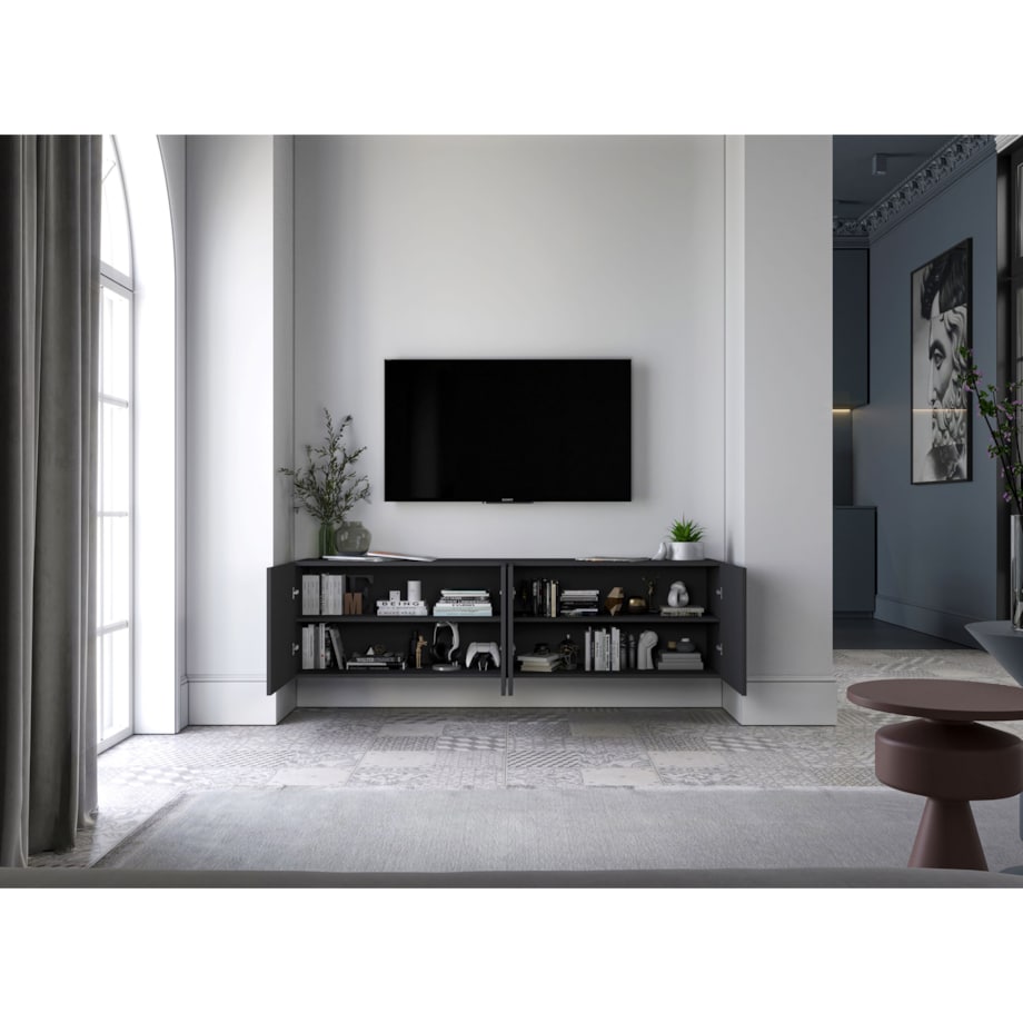 Wisząca Szafka RTV Glamour Komoda RTV Czarny Mat Ryflowane fronty 300 cm