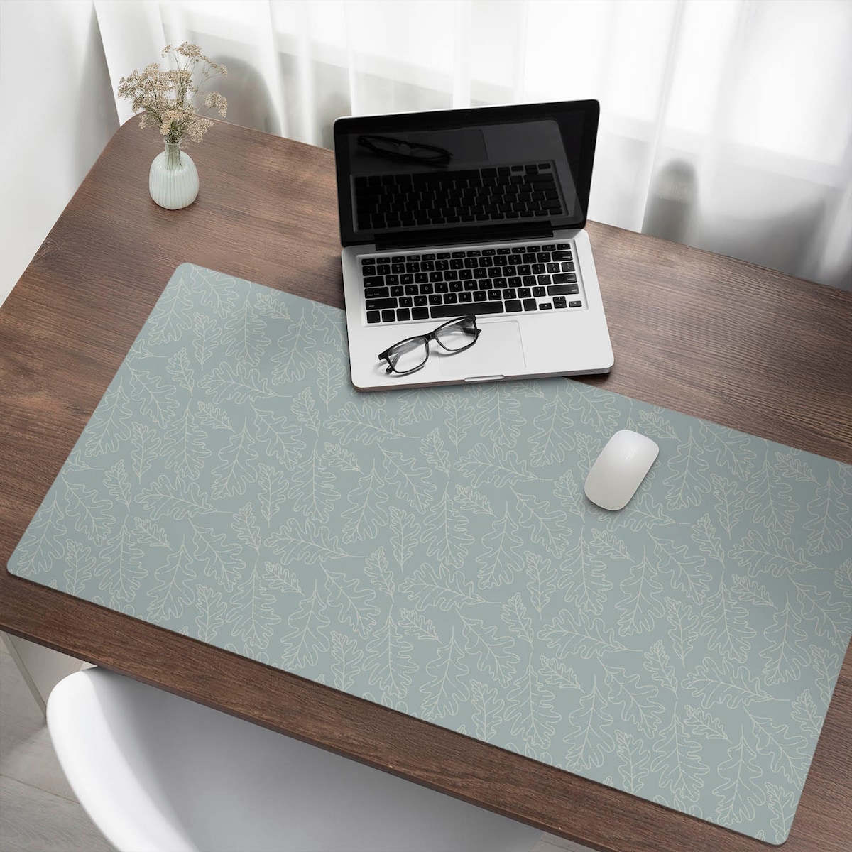 Turkusowa mata na biurko Liście dębu wzór, 120x60 cm