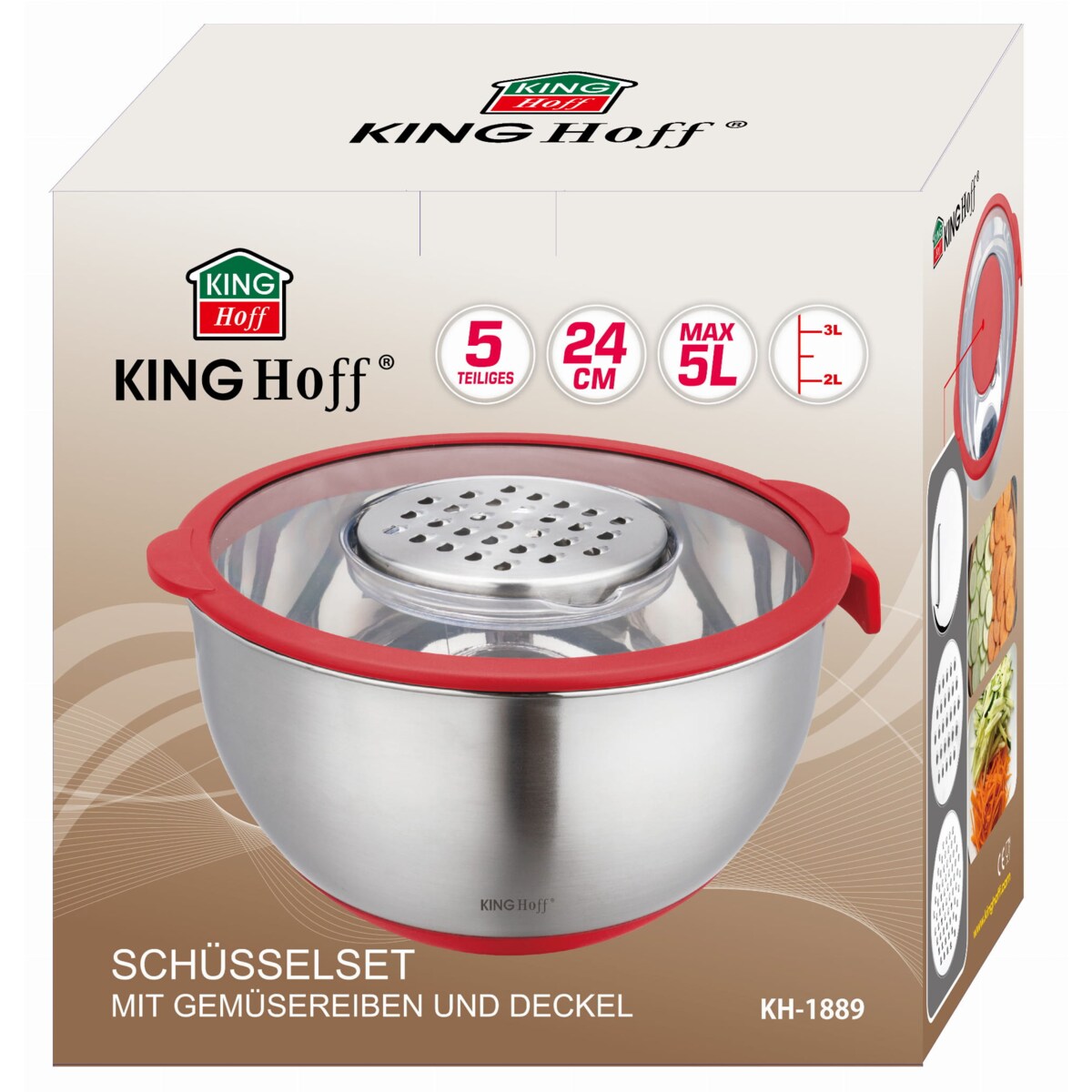 Miska kuchenna wielofunkcyjna z funkcją tarki do warzyw 24cm 5L 5 ele KINGHOFF czerwona