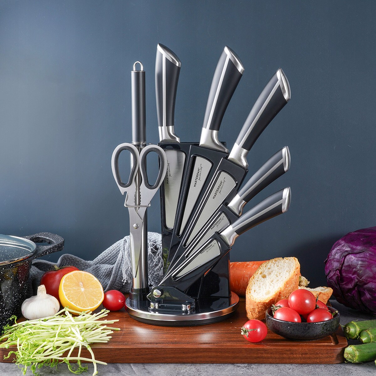 Zestaw Komplet Noży Kuchennych W Stojaku 8 Szt. Ostrzałka Nożyczki Ostre
