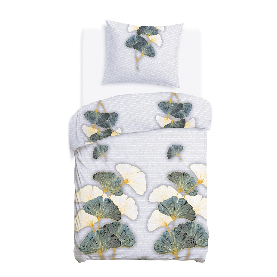 Pościel flanelowa 140x200 Solenne Light szara, liście miłorzębu, Flanelove