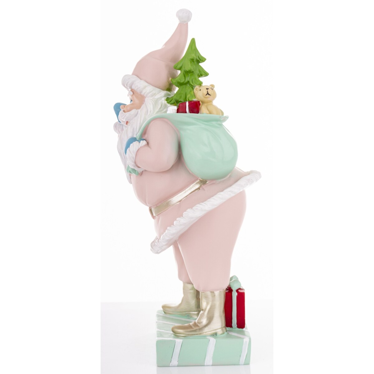 Święty Mikołaj w różowym ubraniu i z niebieskim workiem 40x17x17 cm