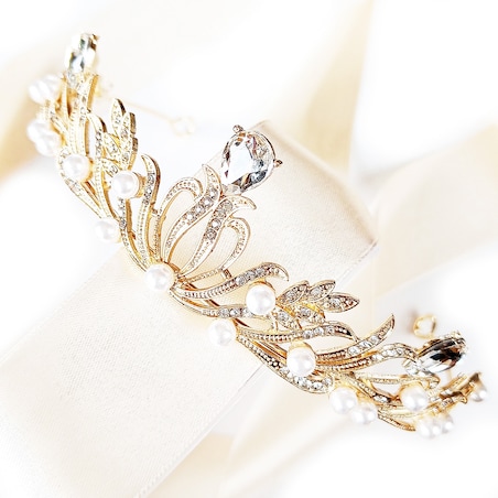 ZŁOTA korona diadem tiara z perłami delikatna listki elegancka ŚLUBNA deko