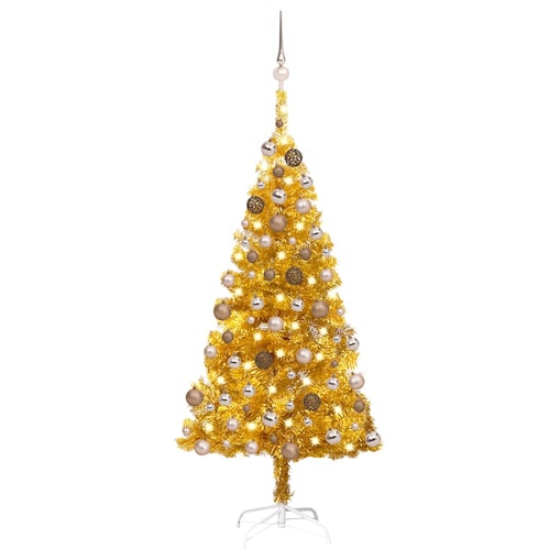 vidaXL Sztuczna choinka z lampkami i bombkami, złota, 150 cm, PET