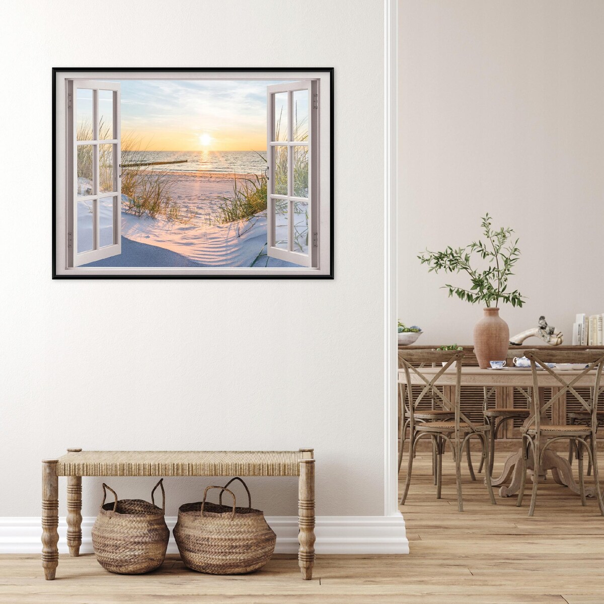 Obraz W Ramie Do Sypialni Salonu Na Płótnie Okno Morze Beżowy 120x80