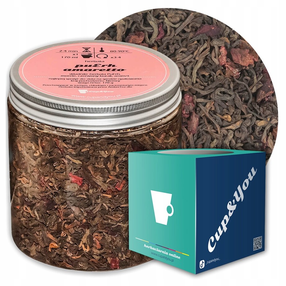 Herbata czerwona pu-erh AMARETTO o smaku wykwintnego amaretto PREMIUM - herbata liściasta sypana mieszanka napar susz - gotowa na prezent upominek