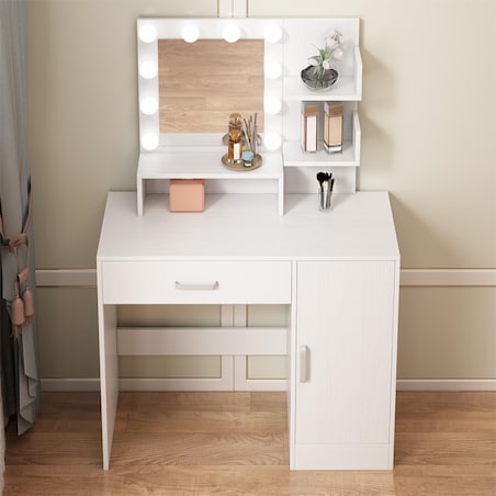 Toaletka kosmetyczna makijażu wizażu z lustrem led nowoczesna glamour biała