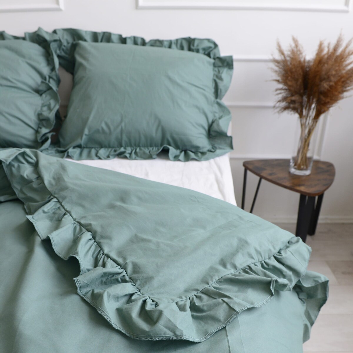 Poszewka Pościel Na Kołdrę Z Ozdobną Falbanką Boho Zieleń 200X200 Cm