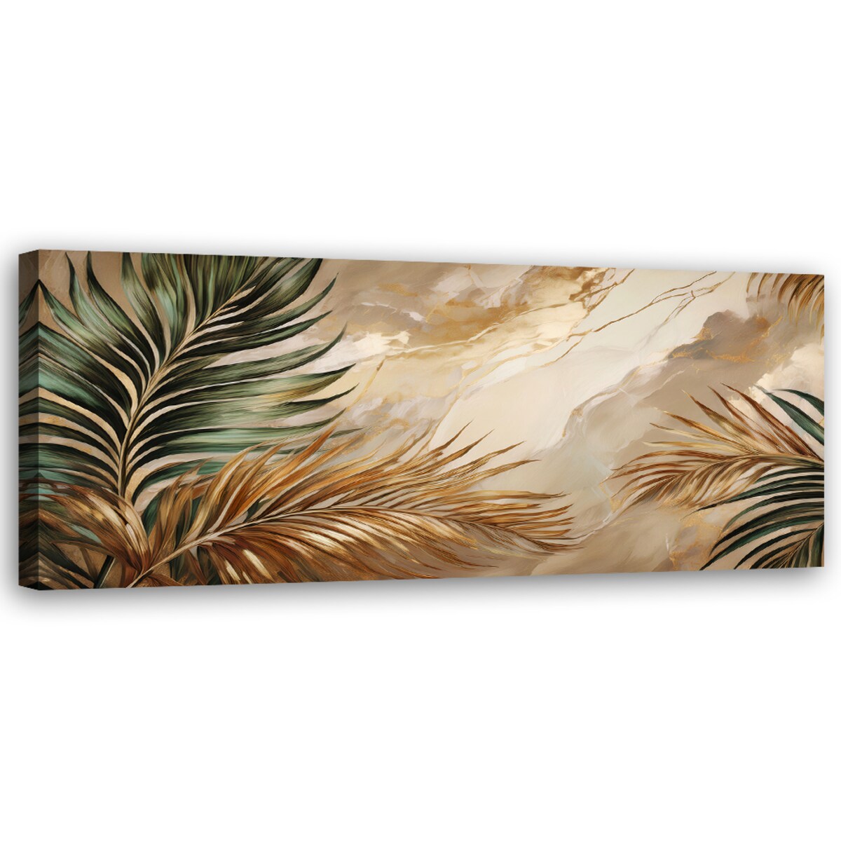 Panoramiczny obraz do salonu Liście Palmy Rośliny Boho na złotym Marmurze 120x40