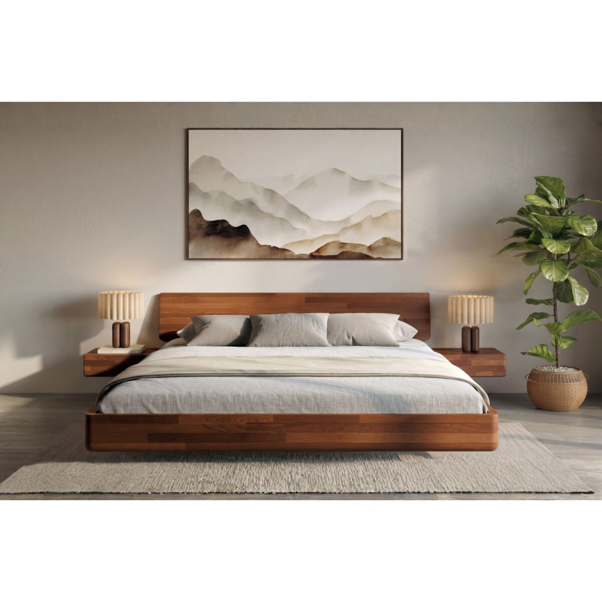 Łóżko lewitujące drewniane bukowe Visby LENA z szafkami / 200x200 cm, kolor orzech