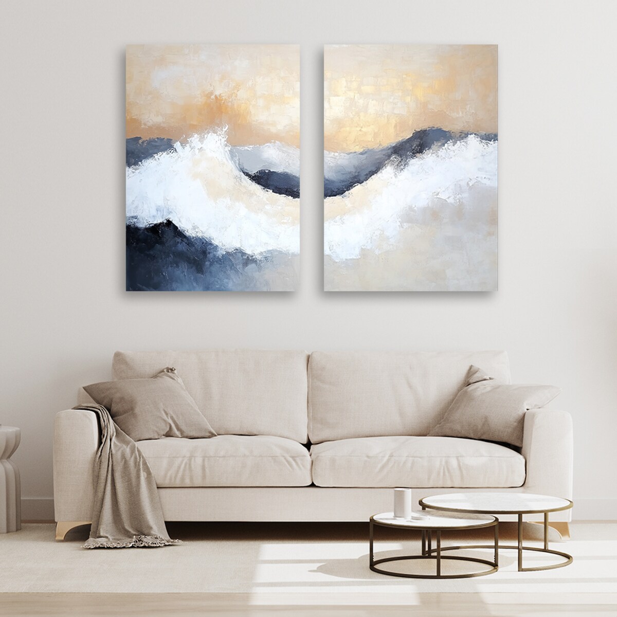 Zestaw 2 obrazów set do salonu sypialni biura loftu spa Beżowa abstrakcja fale boho 160x120 (2x80x120)